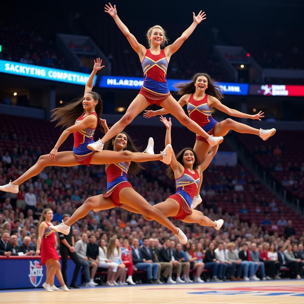 Cheerleaders performing impressive stunts at an Apex cheer competition