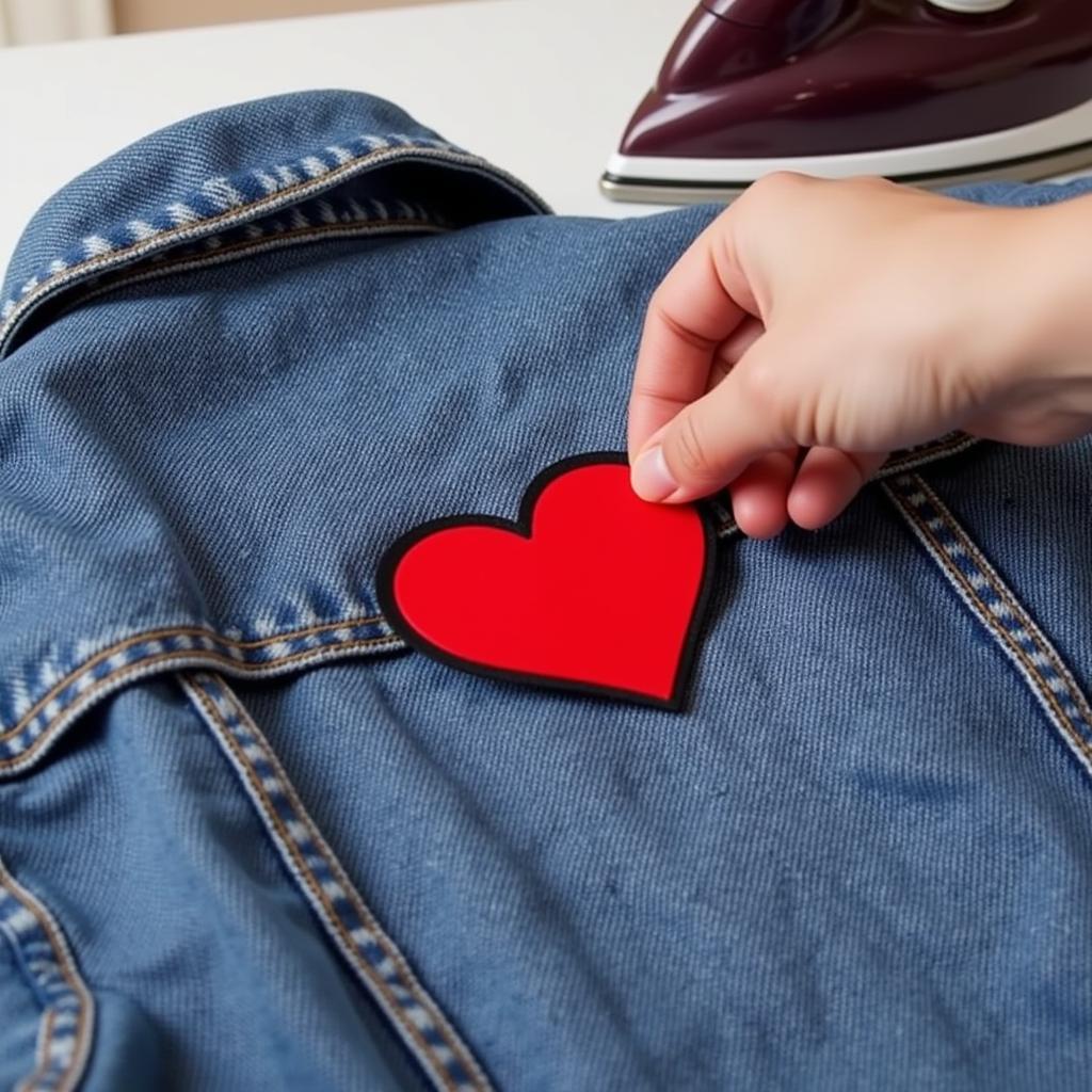 Applying Heart Patch to Denim Jacket