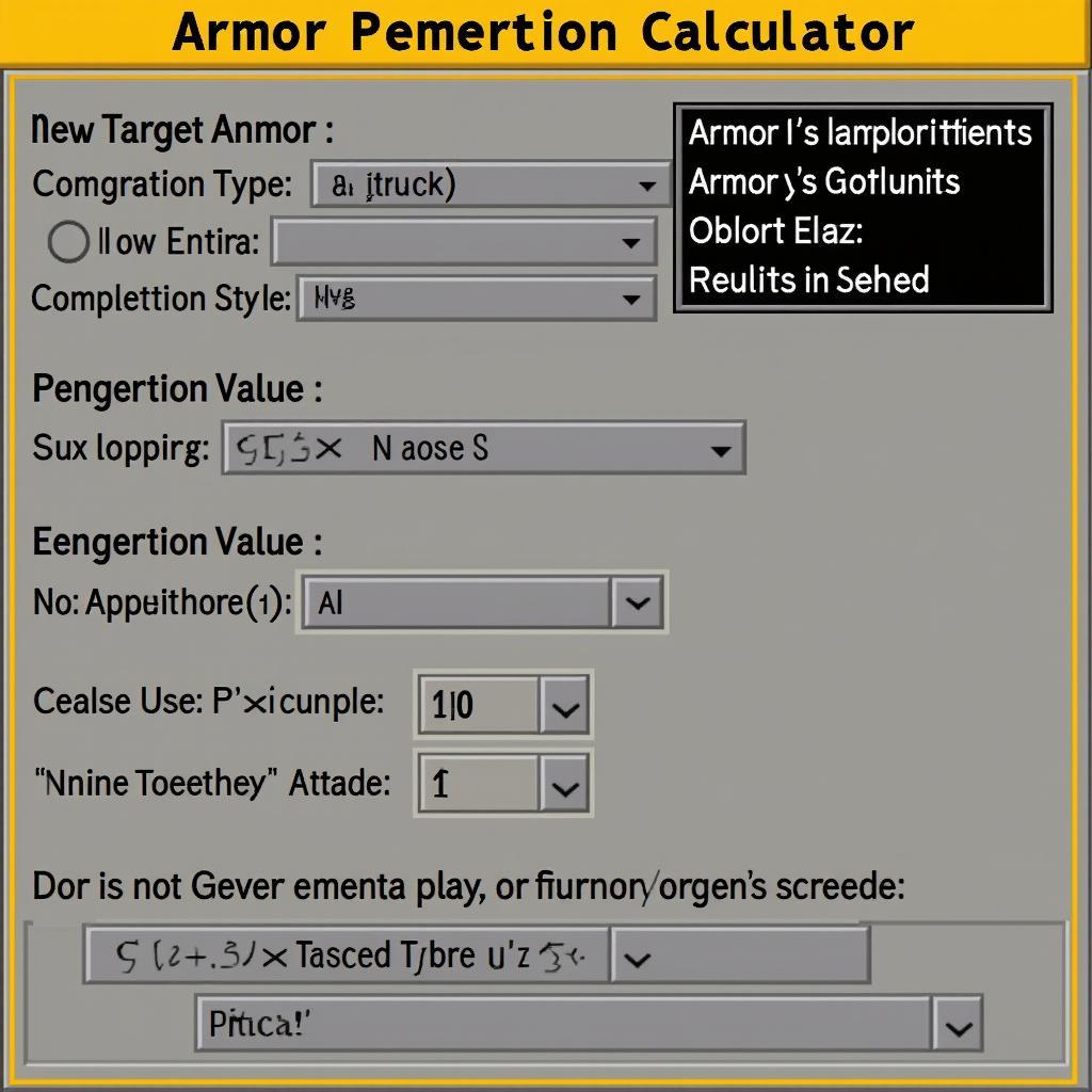 Screenshot of a typical armor penetration calculator interface with input fields for target armor, penetration type, and penetration value.