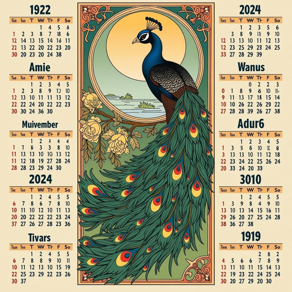 Art Nouveau Calendar 2024 with Peacock Design