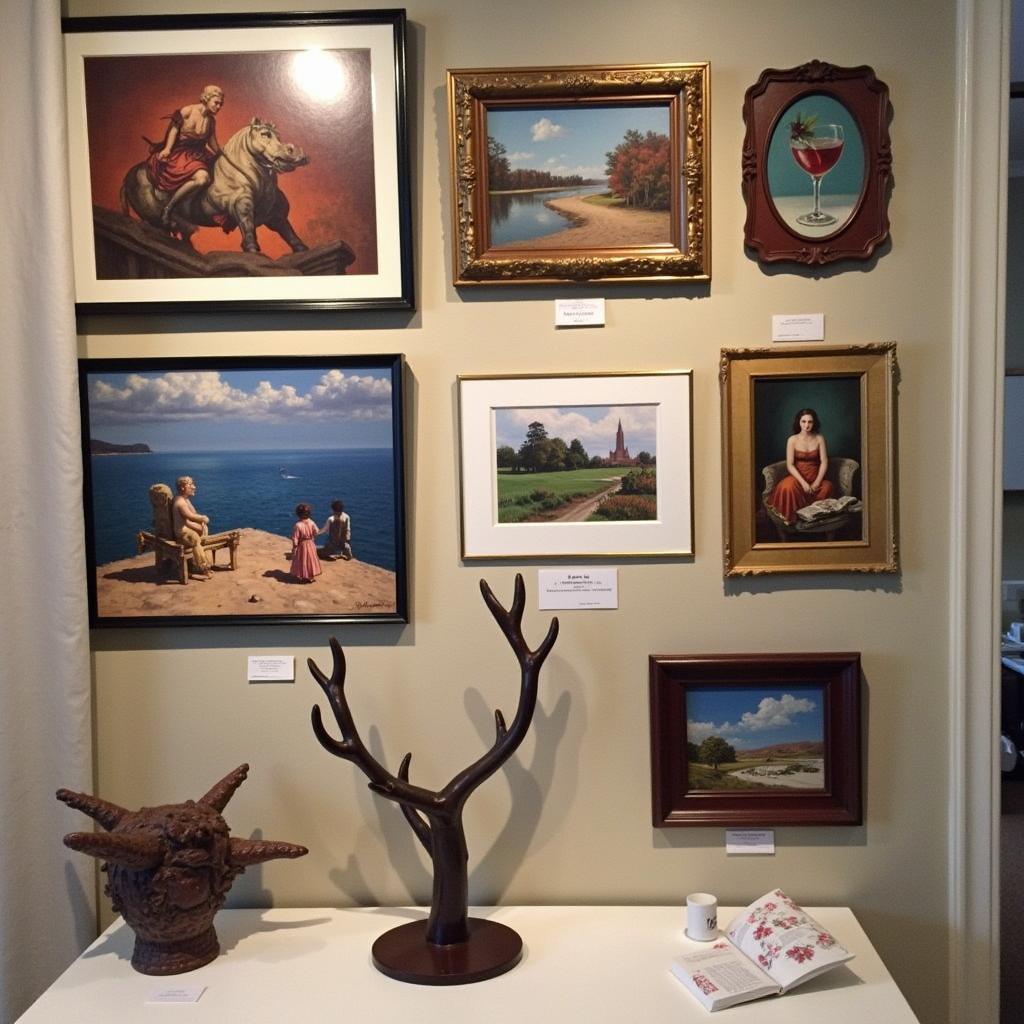 Interior view of an arts tap house, showcasing a diverse display of local art on the walls and throughout the space.