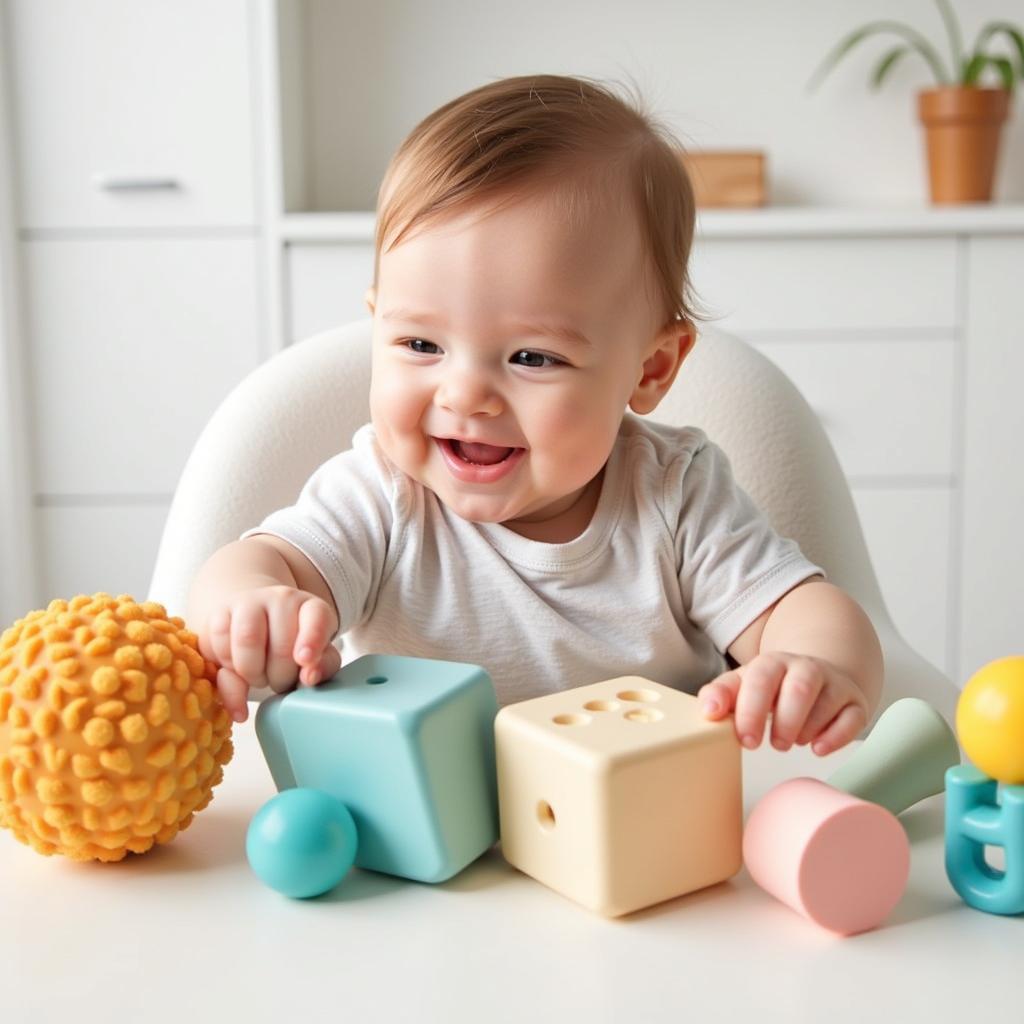 Baby Playing with Sensory Toys in High Chair