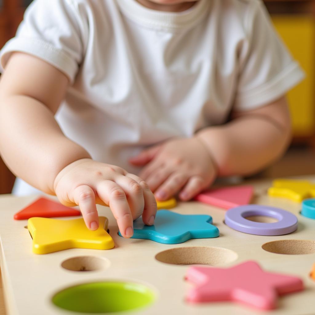 Infant engaging with a shape sorter toy