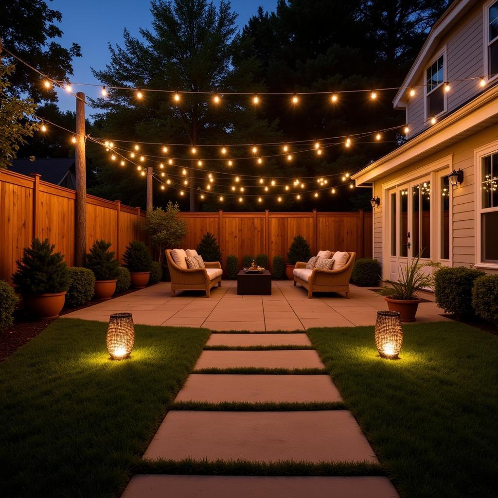 A backyard patio illuminated with string lights and path lights