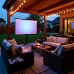 Backyard PlayStation setup with a projector, screen, and comfortable seating.