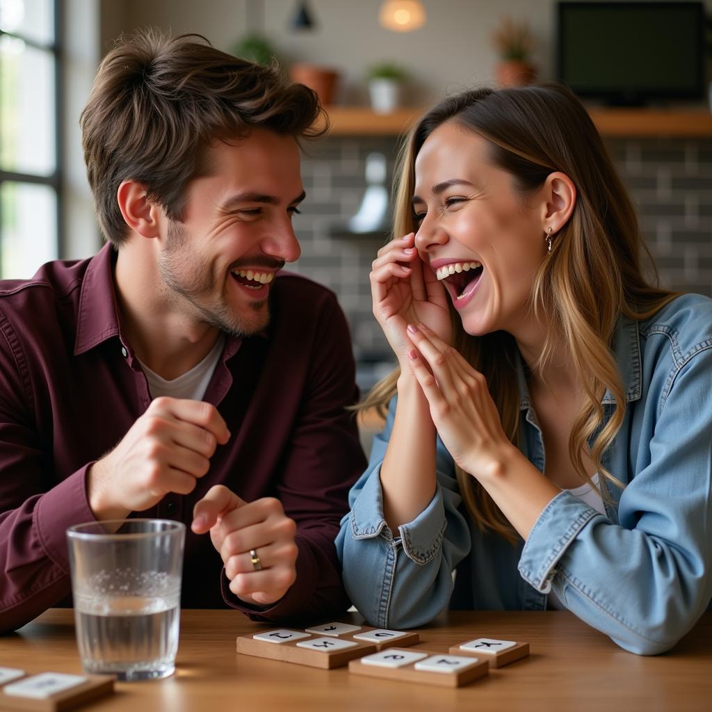 Couple laughing while playing a banters game