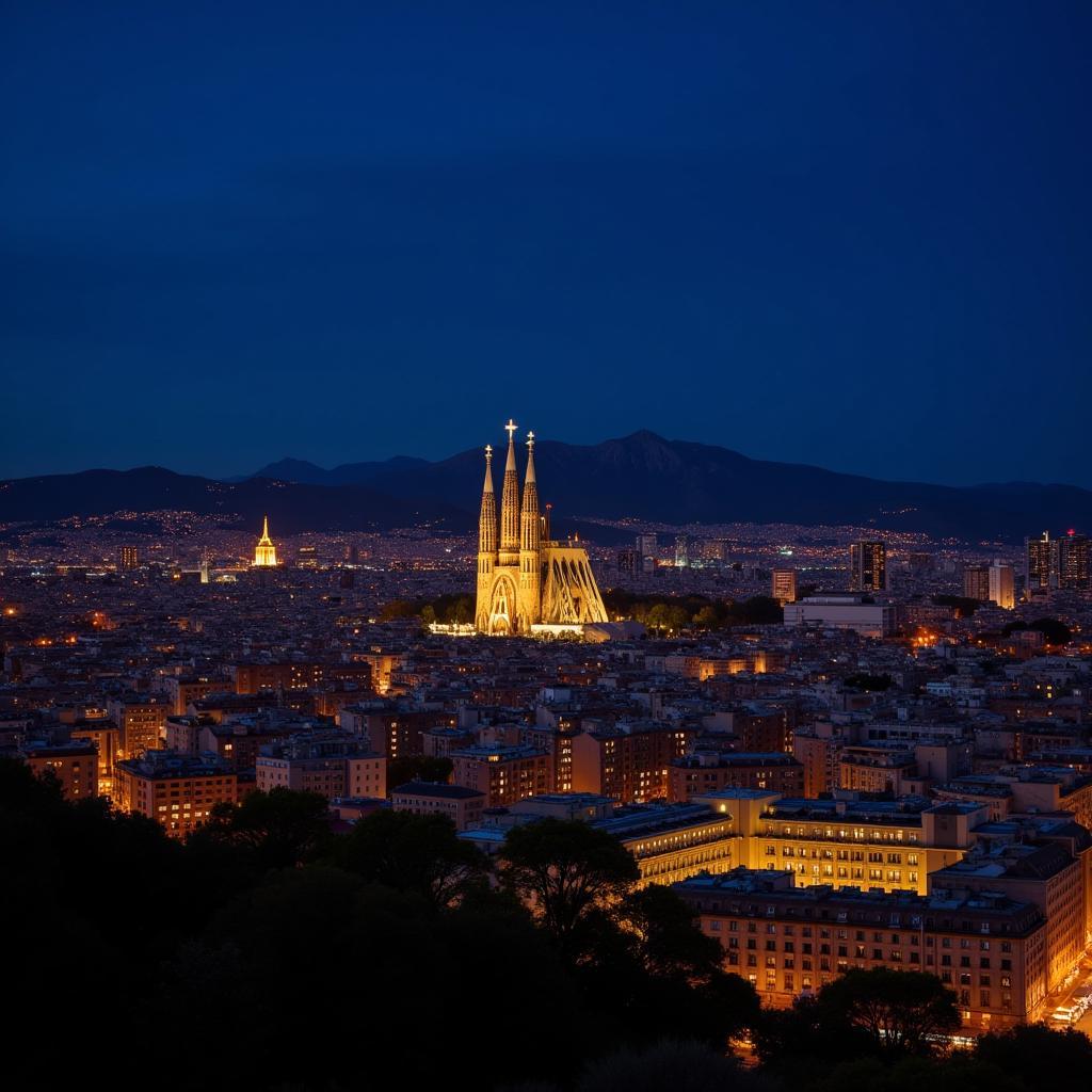 Barcelona cityscape at night, illuminated by city lights.