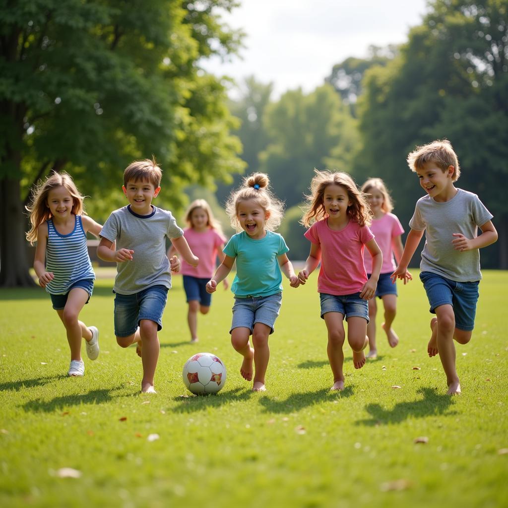 Children playing tag barefoot in a park