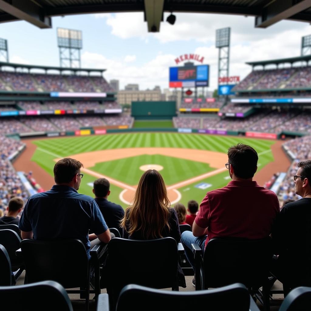 Baseball fan chatting with other spectators at the game