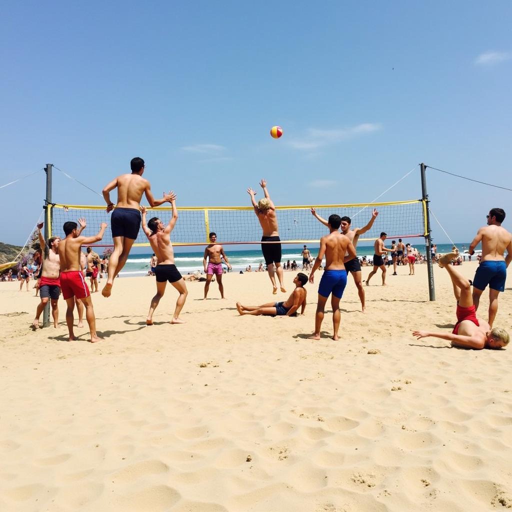 People playing beach volleyball barefoot