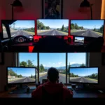 Screenshots of various racing games displayed across three monitors