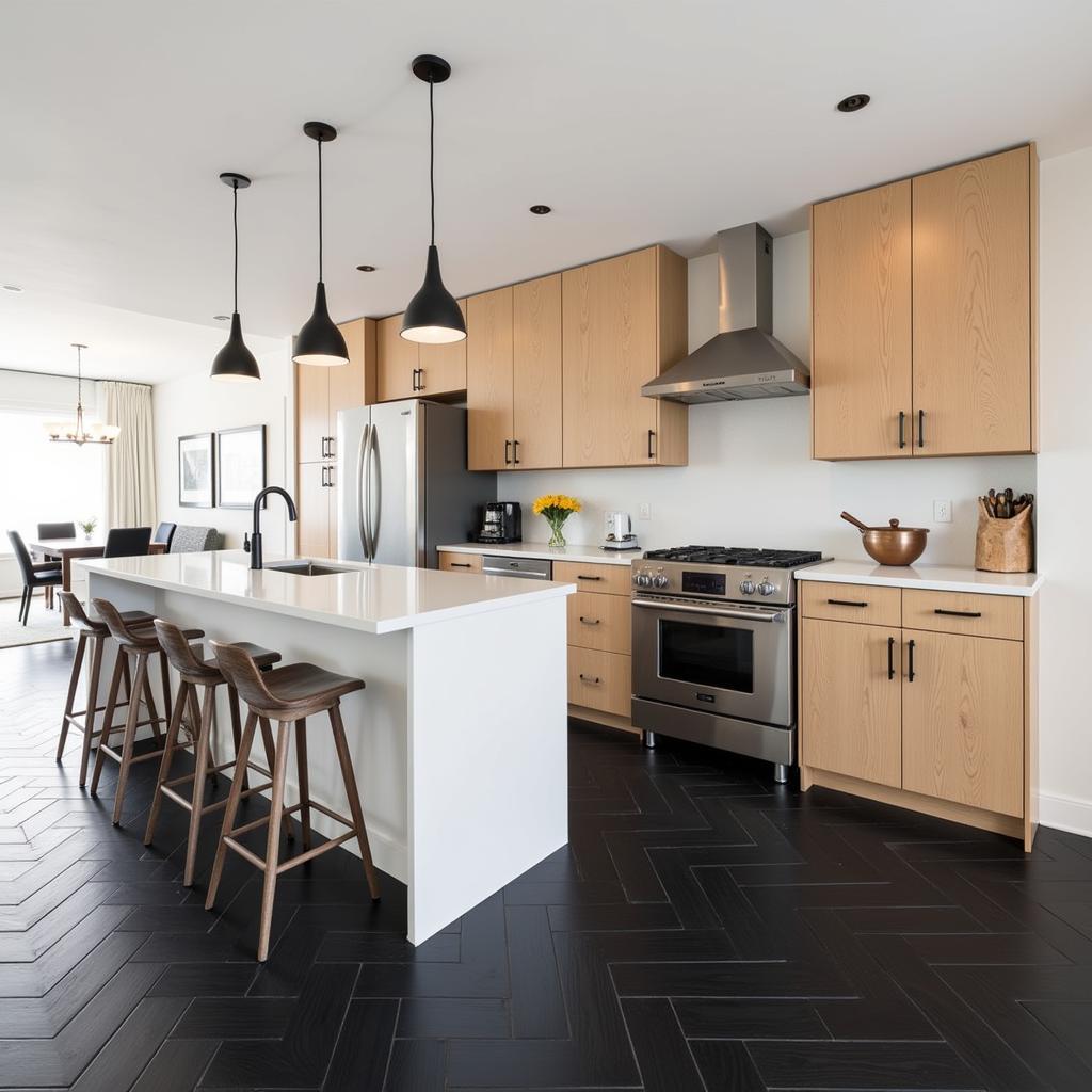 Black Herringbone Tile in a Modern Kitchen