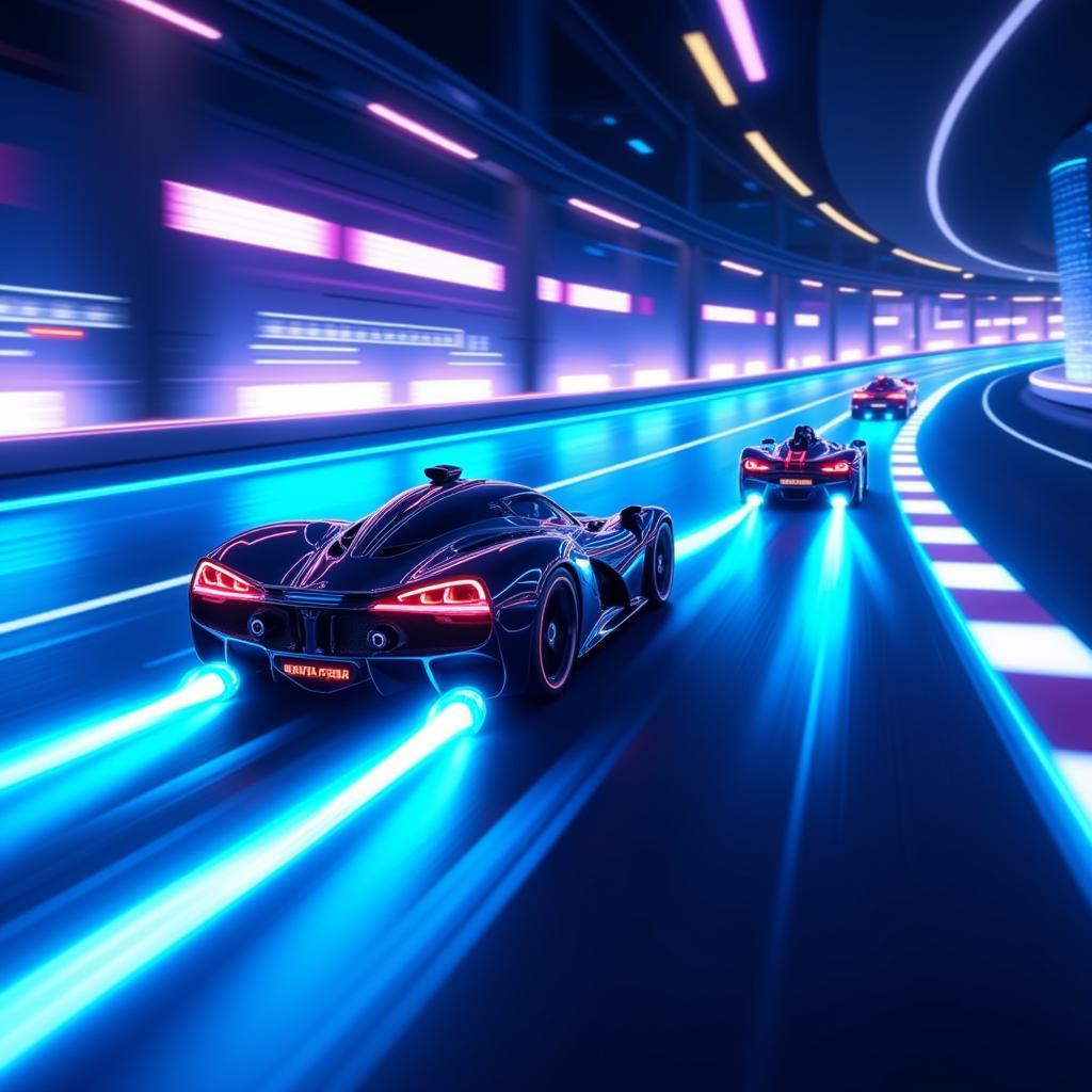 Fast-paced racing game with blue streaks blurring the background