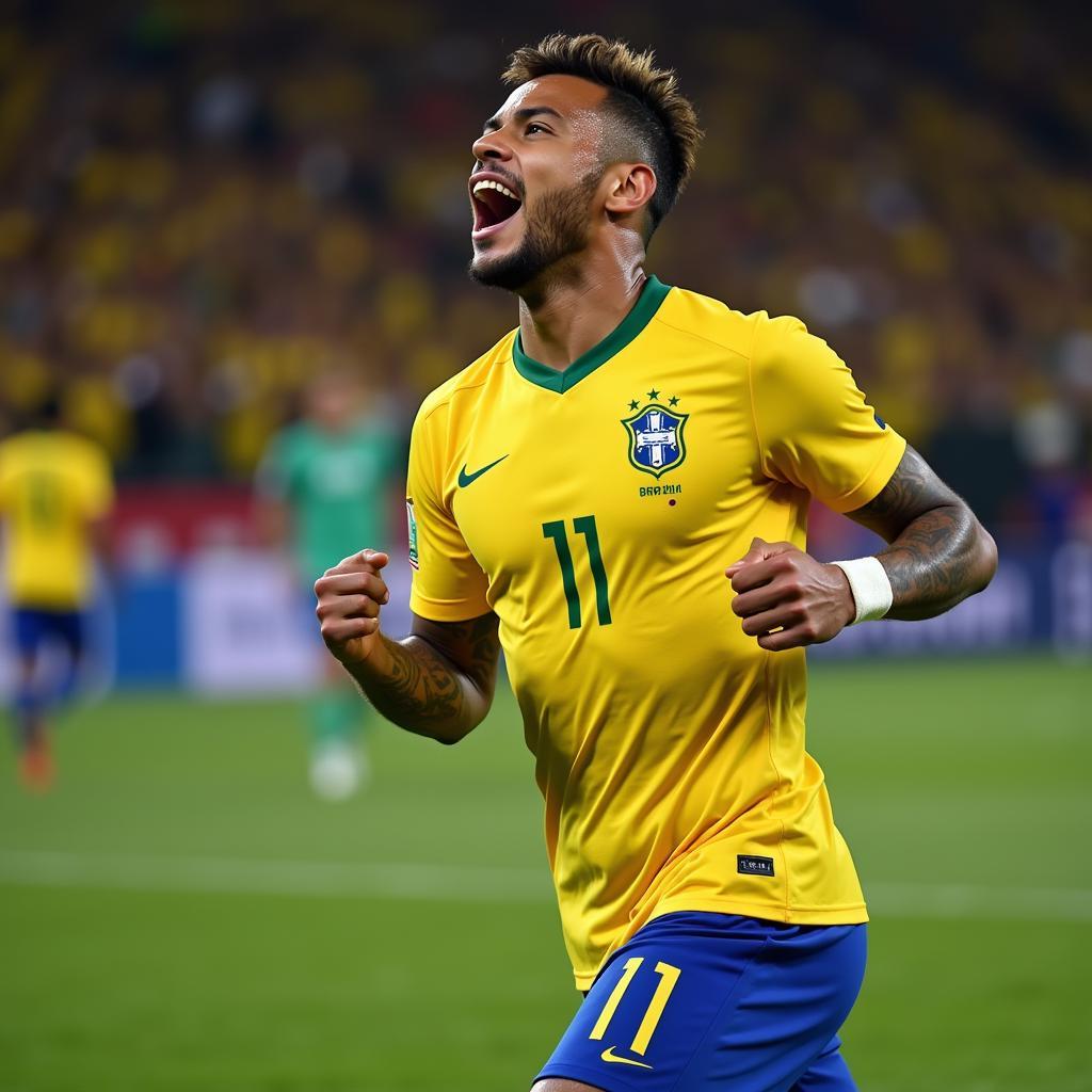 Neymar celebrating a goal in the Brazil home kit