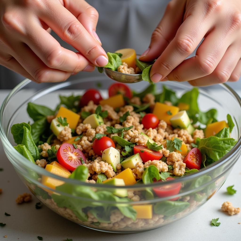 Hands preparing a salad with various ingredients and a vibrant base.