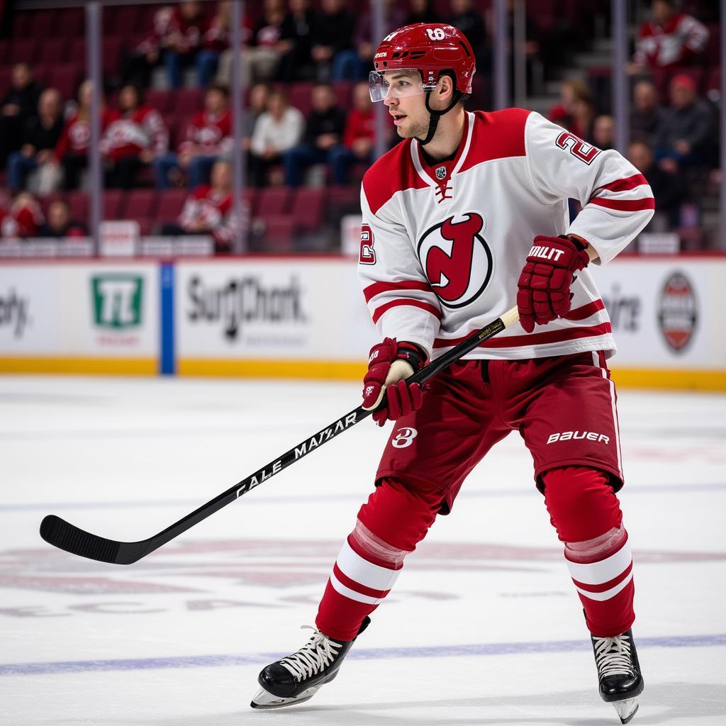 Cale Makar holding his Bauer Hyperlite hockey stick