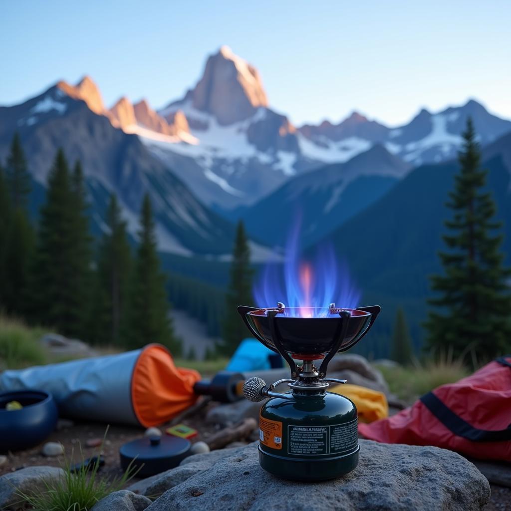 Camping stove fire with a mountain view