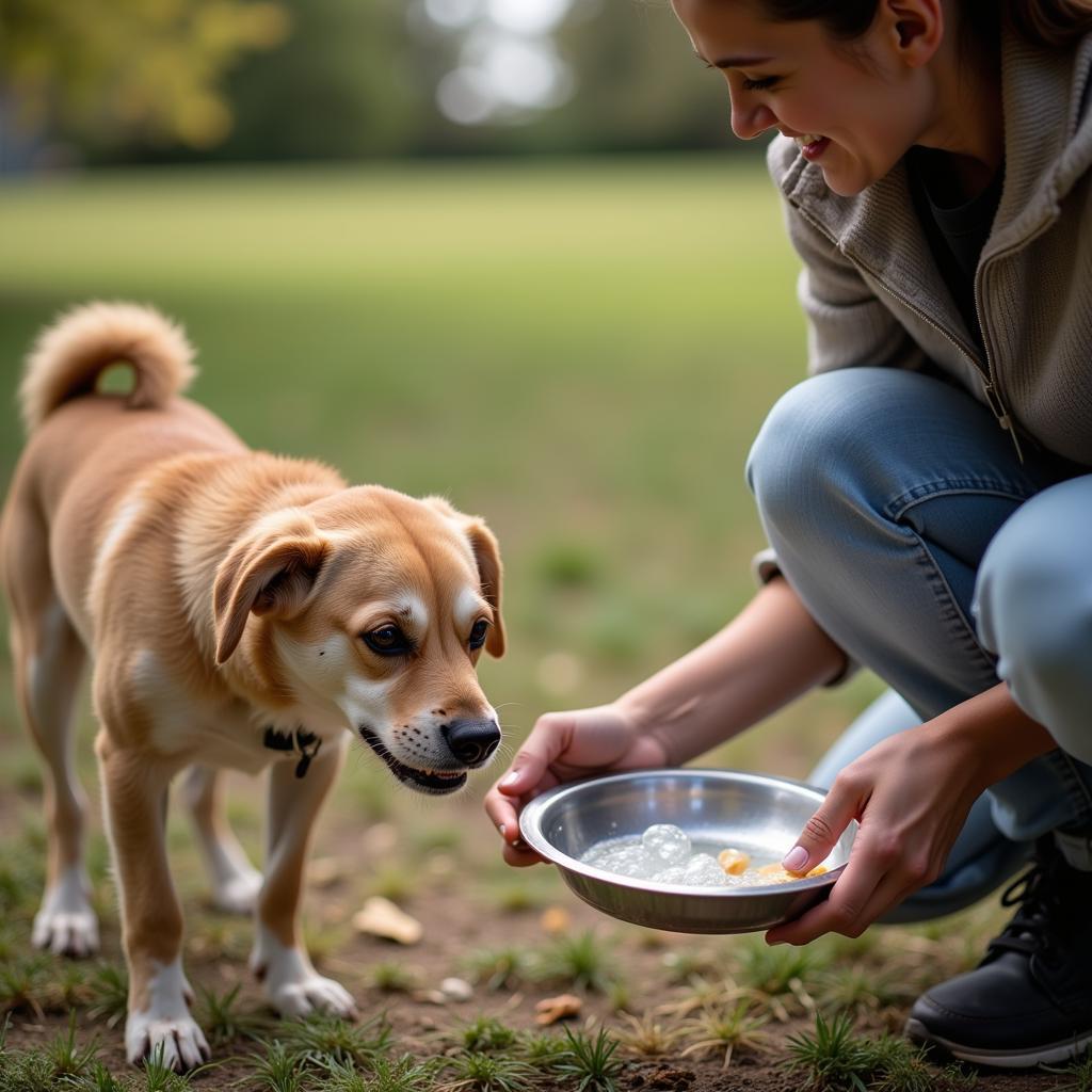 Caring for Stray Animals: Providing food and water to a stray dog