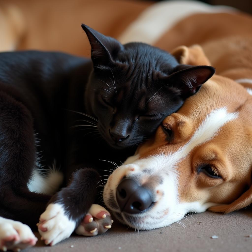 Cat and Dog Cuddling Together Showing Affection