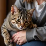 Cat jumping on its owner's lap, showing affection.