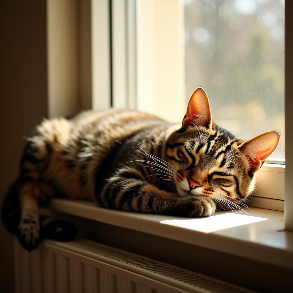 Cat relaxing on a window sill