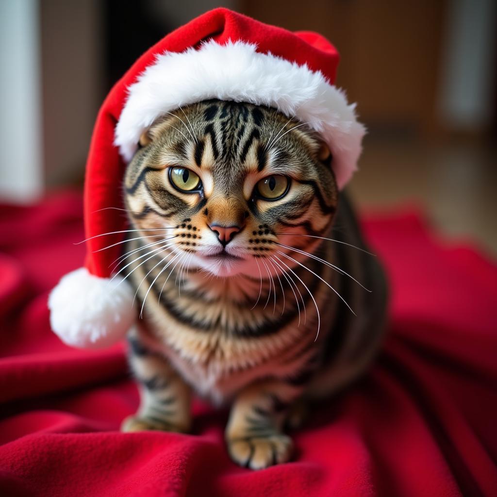 A tabby cat wearing a Santa hat for the holidays. 