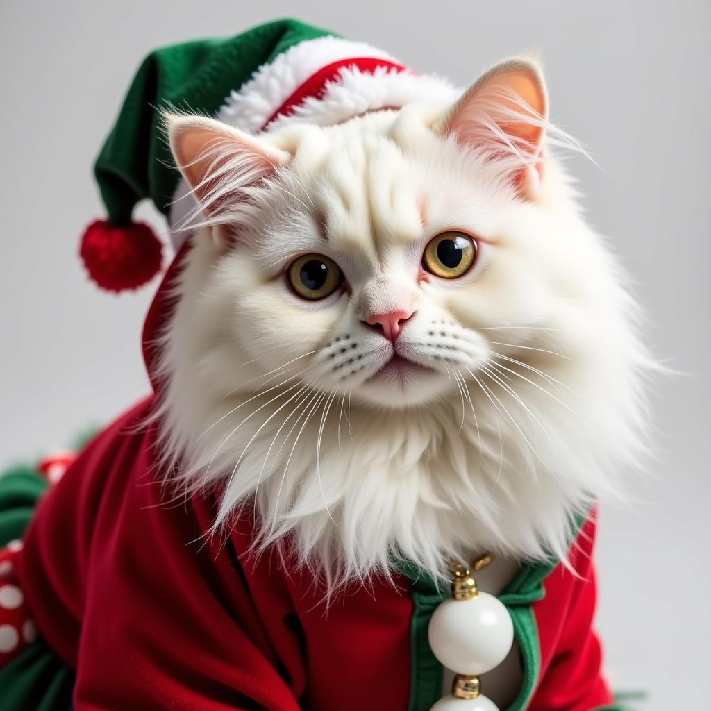 A white Persian cat wearing a festive Christmas dress