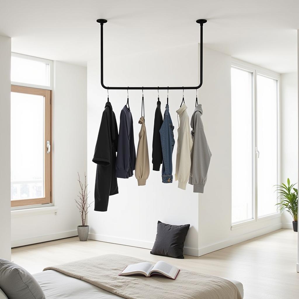 Modern Bedroom with Ceiling Mounted Clothes Rail