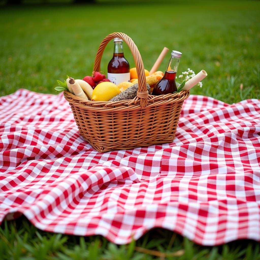 Checkered towel used as a picnic blanket