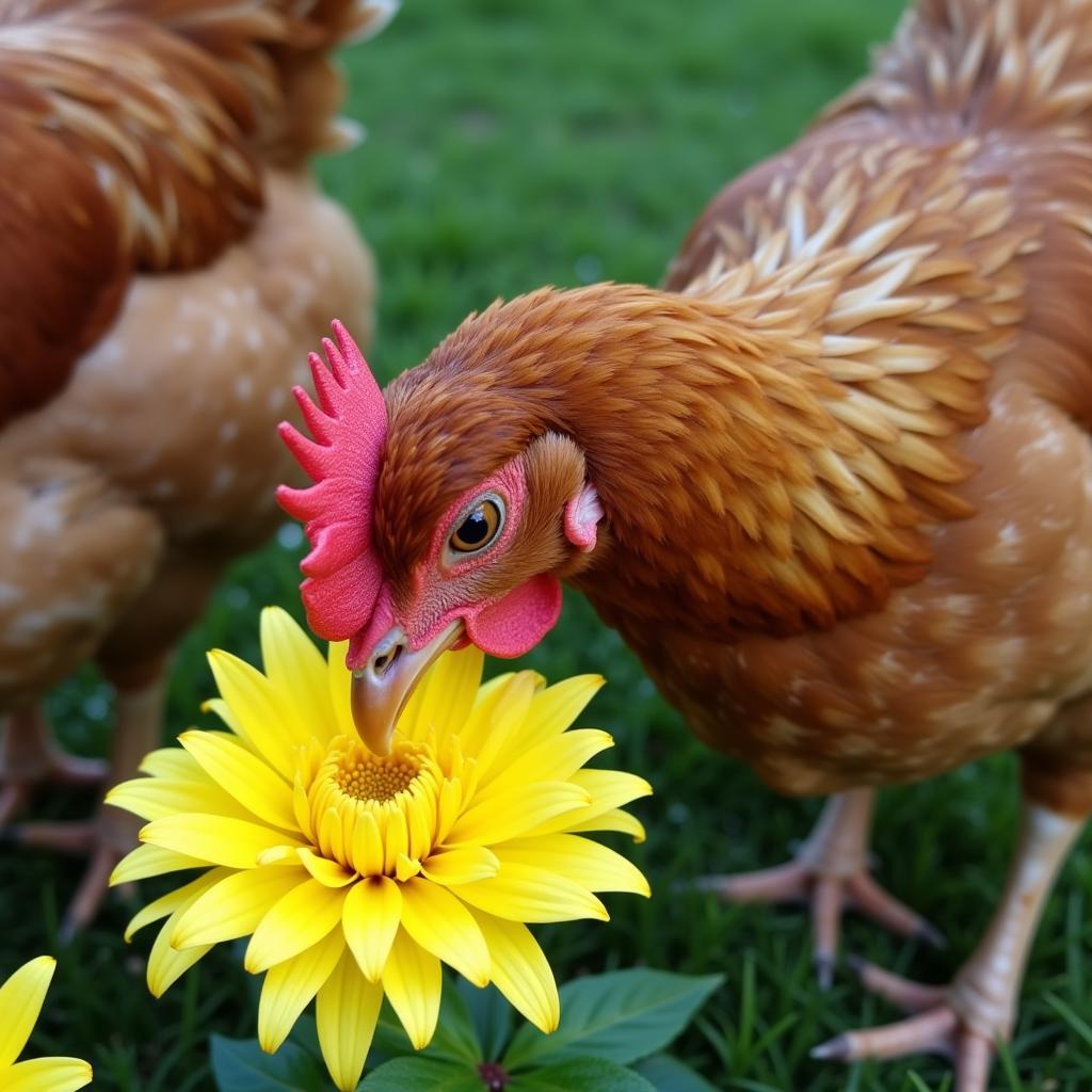 Chicken Pecking at a Chrysanthemum Flower