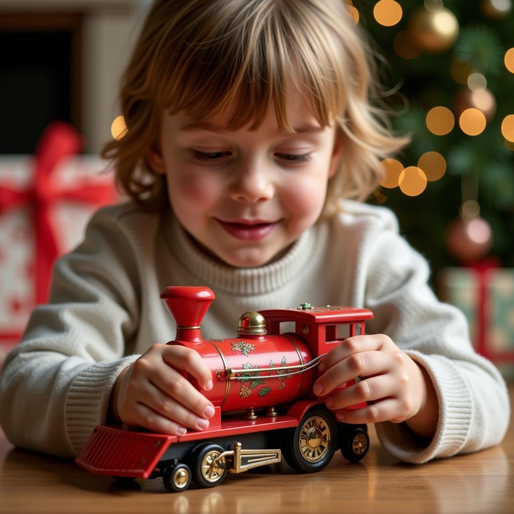 A Child Playing with a Wind Up Christmas Train Set