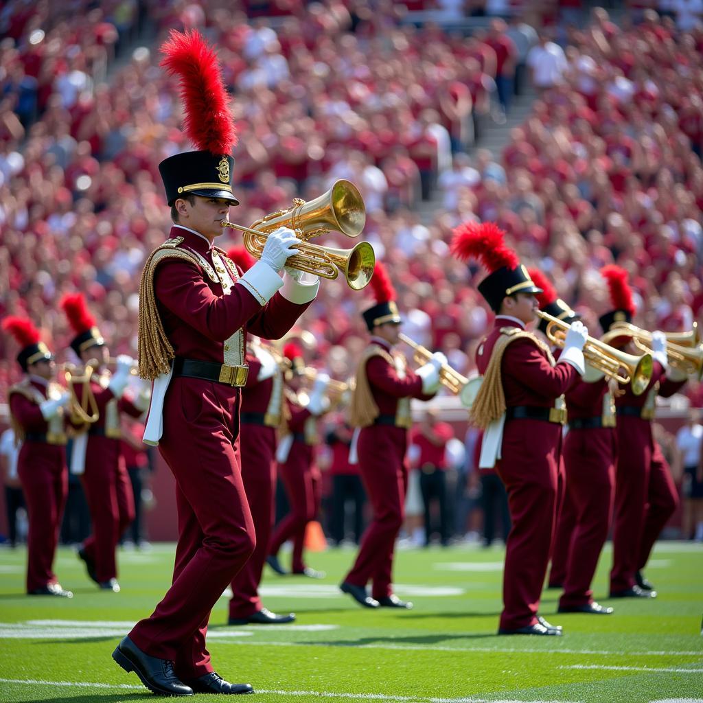 Classic fight songs being performed by a marching band at a football game