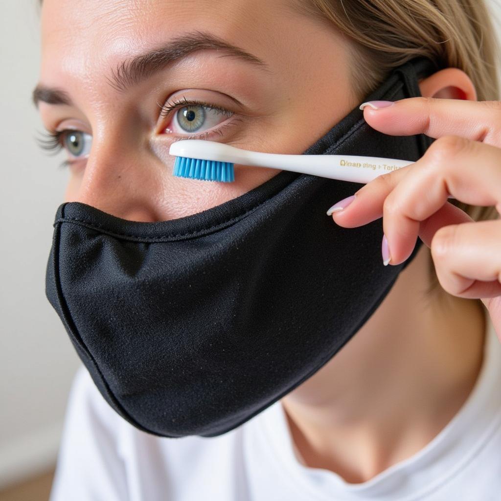 Cleaning a Big Grill Face Mask with a Soft Brush