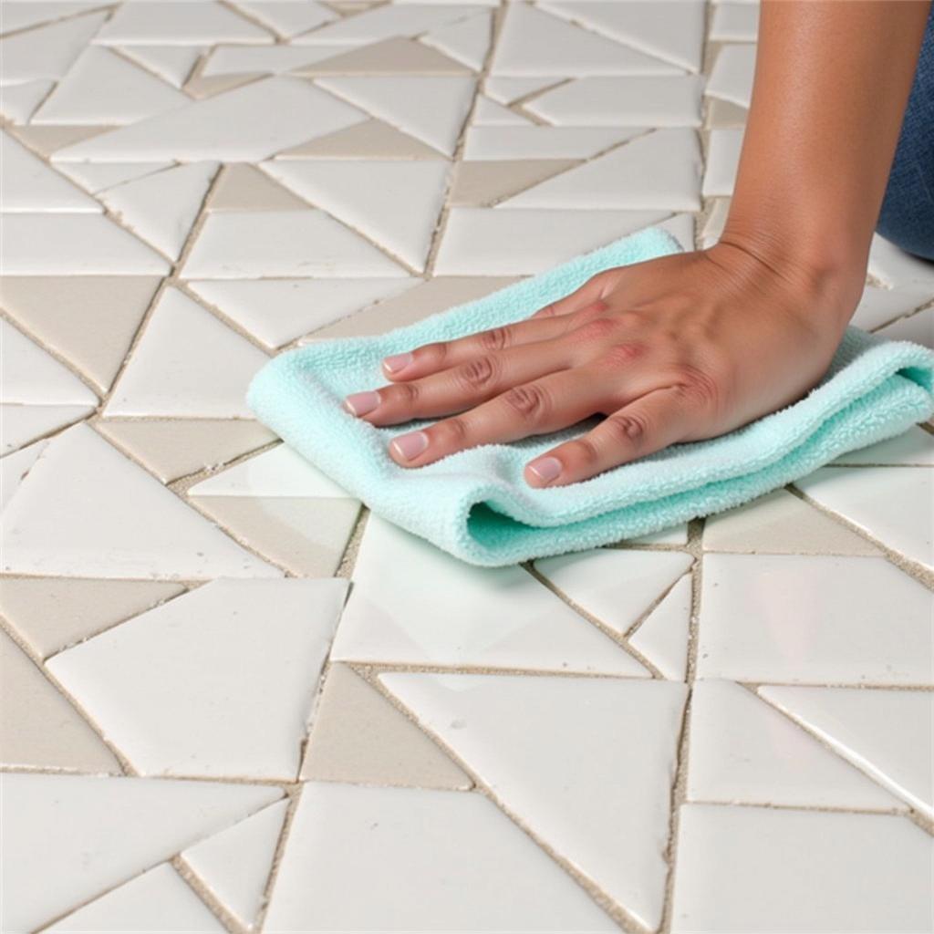 Close-up of a hand cleaning triangle tiles with a gentle cleaning solution and a soft cloth.