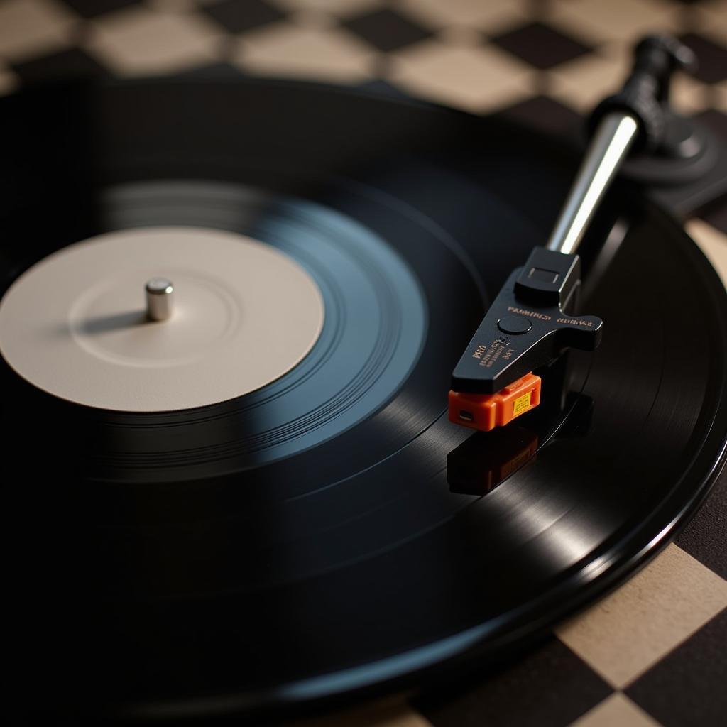 Close-up of a Checkered Record Player with a Vinyl Record