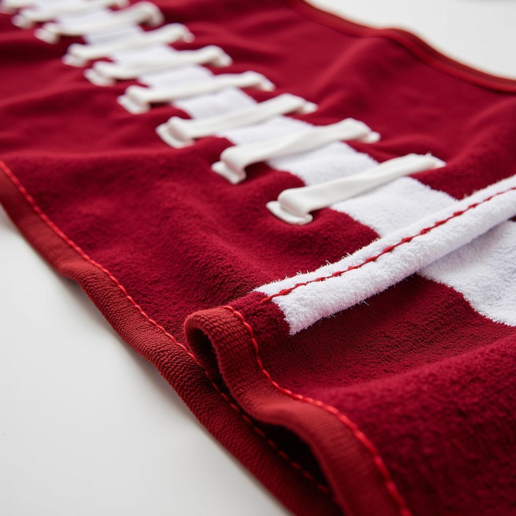 Close-up view of the high-quality stitching on a long football towel, highlighting its durability.