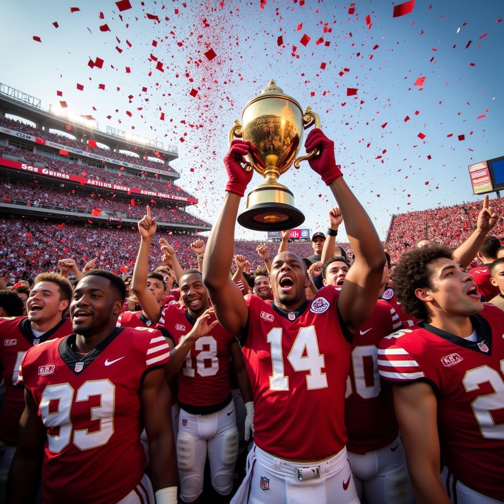 College Football Team Celebrating with Trophy