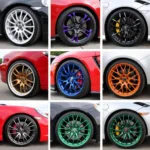 Colorful rims with various finishes like chrome, matte, and gloss.