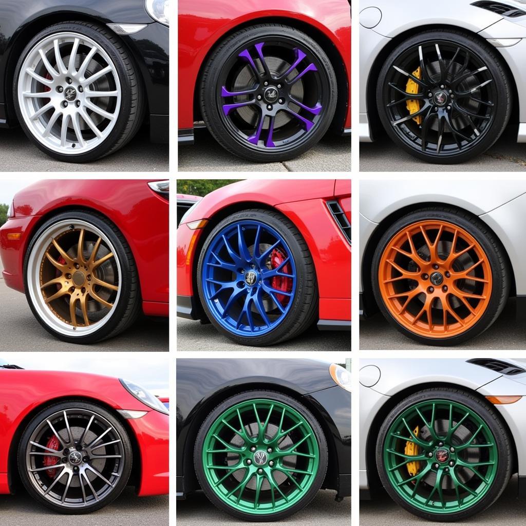 Colorful rims with various finishes like chrome, matte, and gloss.