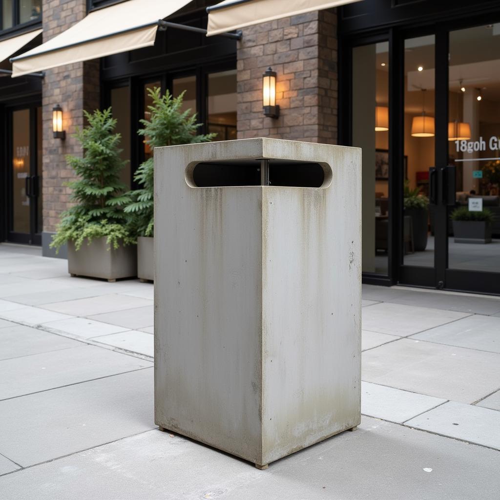 Durable Concrete Trash Can in a Commercial Setting