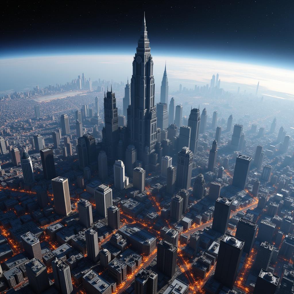 Coruscant cityscape overview from orbit showing the dense urban sprawl and towering skyscrapers