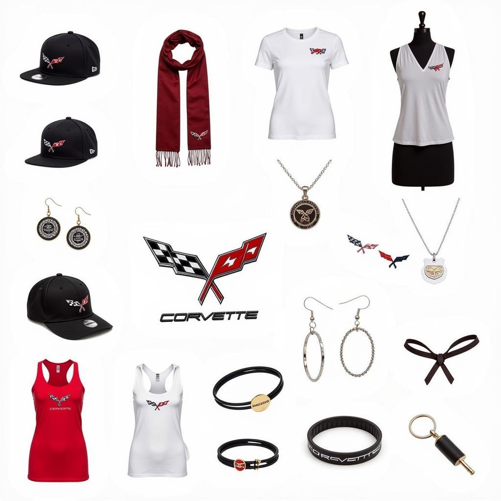 A collection of Corvette accessories for women, including hats, scarves, jewelry, and keychains