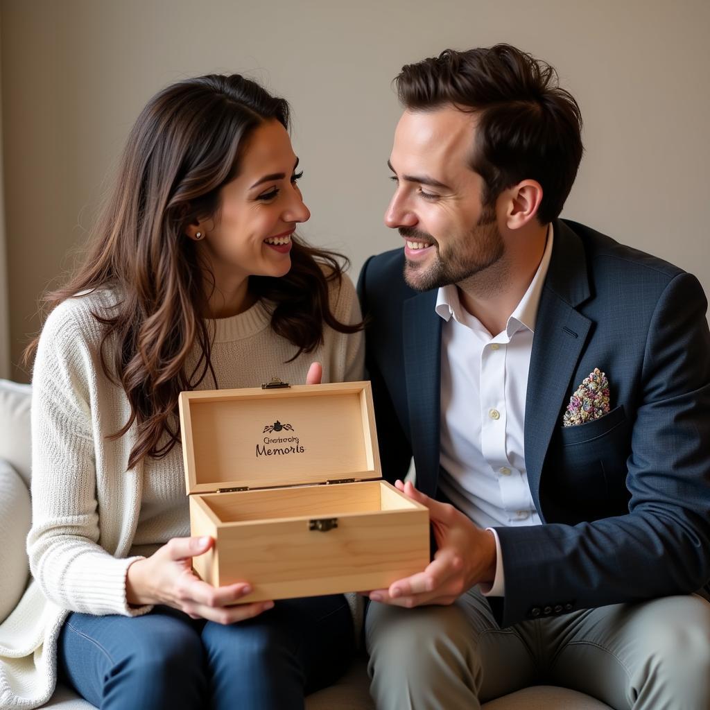 Couple Admiring Their Wooden Wedding Memory Box