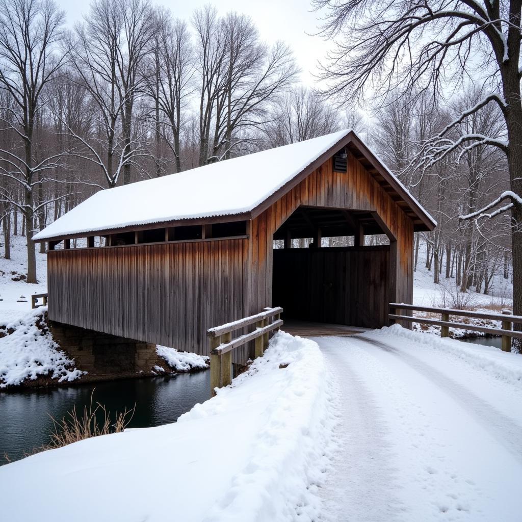 Covered Bridge in Winter Snow