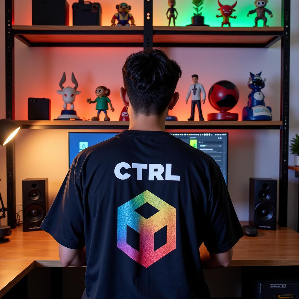 Gamer Proudly Displaying CTRL Merch Collection