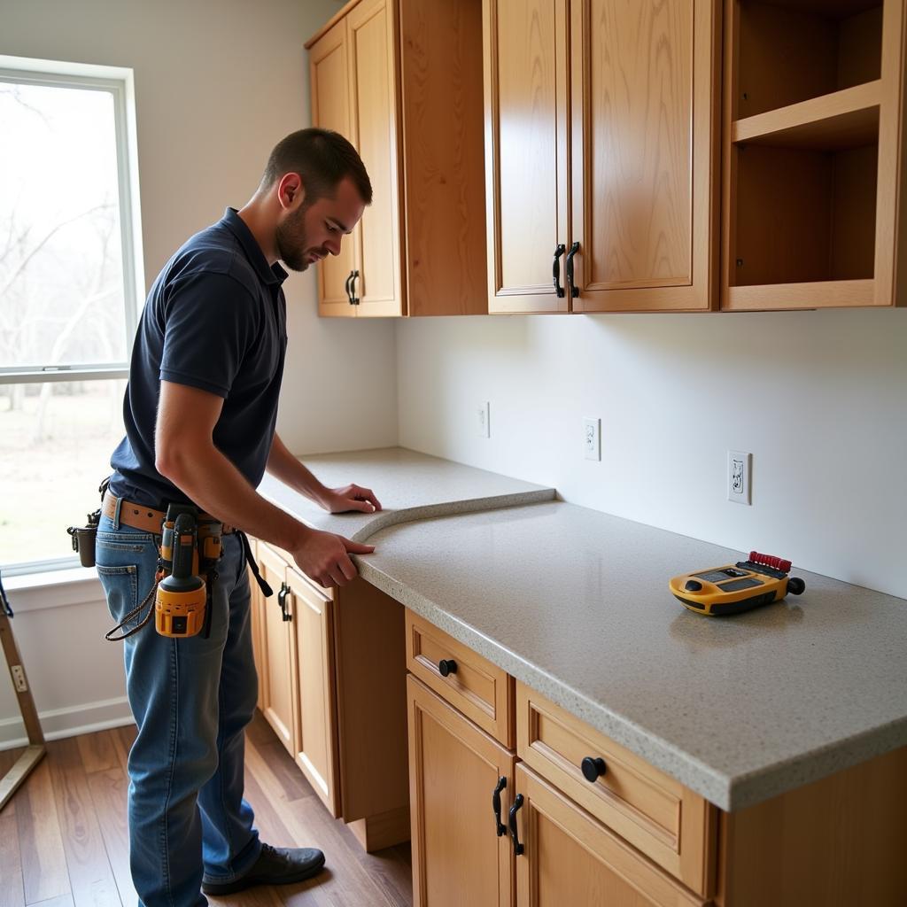 Installation process of a curved countertop.