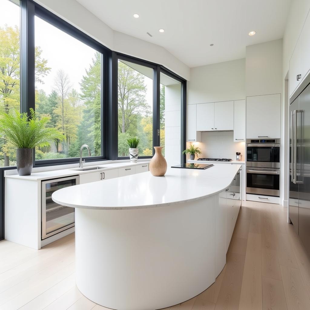 Curved countertop in a modern kitchen with sleek white cabinets and stainless steel appliances.