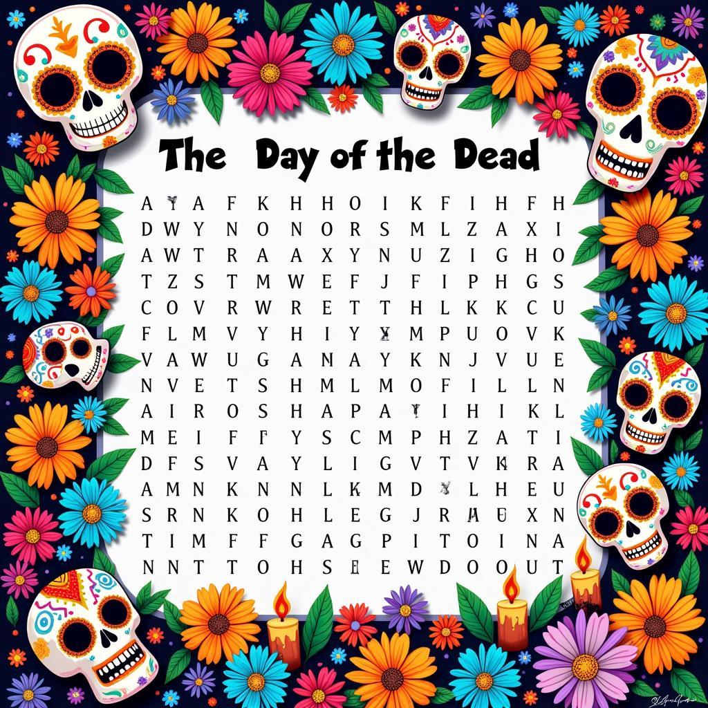 Day of the Dead Word Search Puzzle Featuring Sugar Skulls