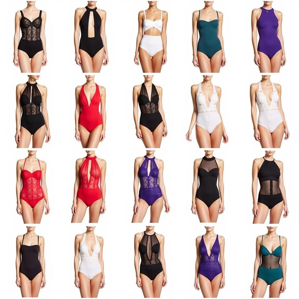 Various styles of sheer one-piece bathing suits showcasing different cuts and colors