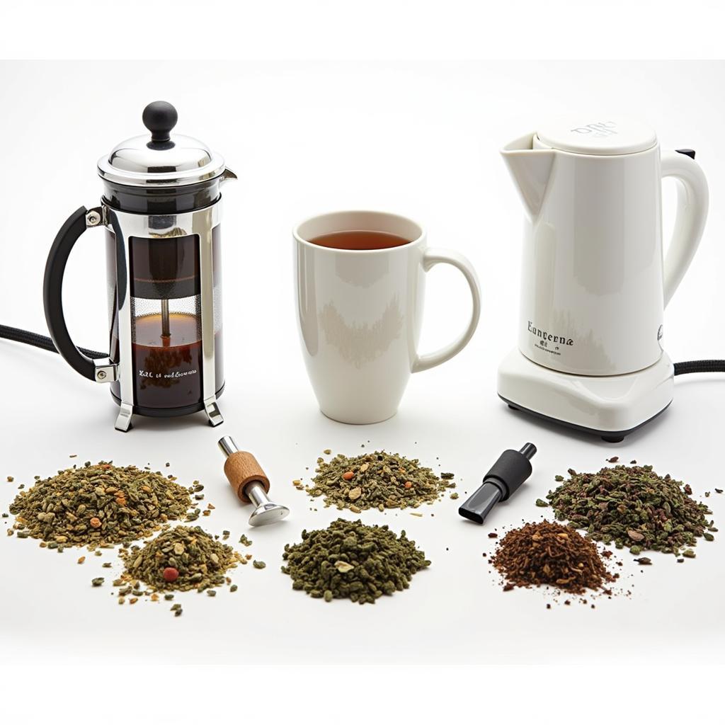 Variety of herb tea makers - French press, infuser mug, electric tea maker